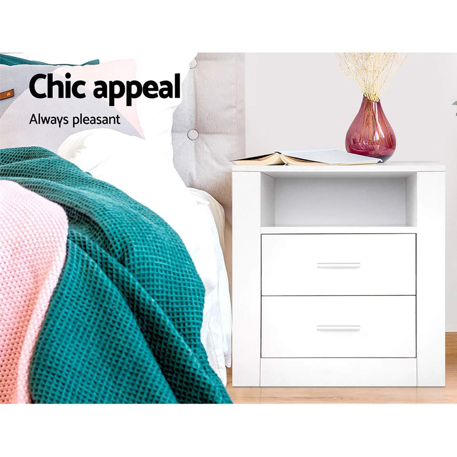 Artiss Bedside Table White Bed Side Tables Storage Small Narrow Desk Chest of Drawers, with 2 Drawer + Shelf, Bedroom Living Room Home Furniture Tallboy Lamp Nightstand Cabinet in 54cm Height thumbnail 4