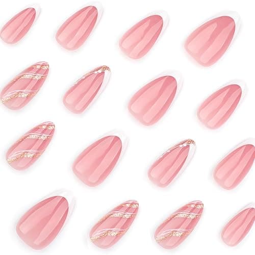French Press On Nails Short Almond, Nude Fake Nails with White French Tip and Minimalist Gold Line Design, Glossy Gel Finish Acrylic Nails, Natural Reusable Glue On Nails Kit for Women, Luxe Line thumbnail 4