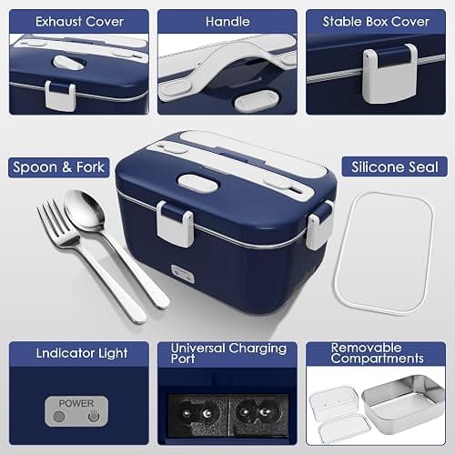COZYEXPERT 100W Electric Lunch Box Food Heated 12V 24V 110V Fast Food Warmer Heater for Car/Truck/Home Portable Food Heating Boxes with 1.8L 304 SS Container 0.45L Compartment(Royal Blue+White) thumbnail 6