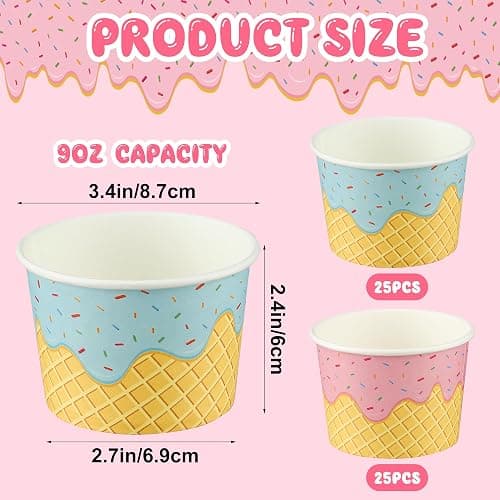 50 Pack Paper Ice Cream Cups 9oz Dessert Paper Bowls Disposable Ice Cream Party Bowls 2 Designs Treat Snack Cups for Hot or Cold Food Sundae Frozen Yogurt Soup Party Supplies thumbnail 3