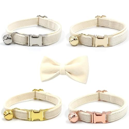 Personalized Cat Collar with Bells,Velvet Customized Small Cat Collar with Name Tag,Pet Collar with Name Phone Number Engraved ID Tags for Boy and Girl Kitten Cats (Cream) thumbnail 5