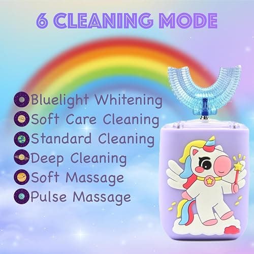 Geacker Kids Electric Toothbrush, U Shaped Toothbrush Kids Sonic Automatic Brush with Cup 5 Brush Head 6 Sonic Clean Modes IPX7 Waterproof Rechargeable Smart Timer for Children 8-13 Unicorn Design thumbnail 6