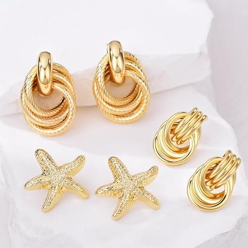AIDSOTOU 6 Pairs Chunky Gold Earrings For Women Trendy Statement Gold Plated Flower Shell knot Dangle Earrings Lightweight Hypoallergenic Fashion Jewelry Set thumbnail 8