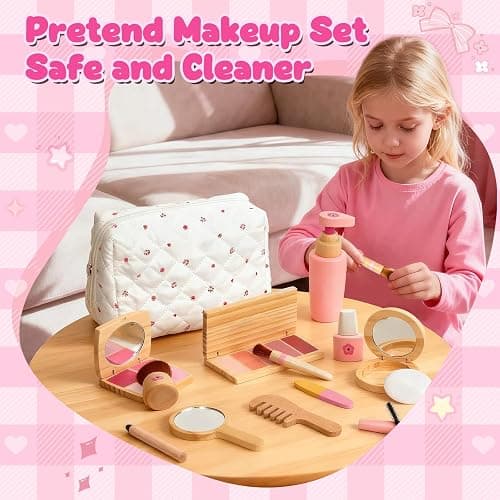 KIDBEST Wooden Makeup Toy Set for Toddler [2026] Play Makeup Kit for Girls 3-5 with Pretend Wood Lipstick/ Mirror/ Brushes/ Cosmetic Set Beauty Girl Birthday Gift Age 3 4 5 6 thumbnail 3