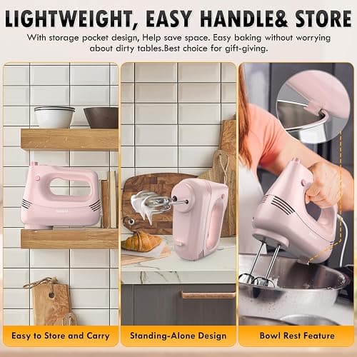 GUALIU Electric Hand Mixer with Stainless Steel Whisk, Dough Hook Attachment and Storage Bag, Handheld Mixer for Baking Cakes, Eggs, Cream Food Mixers. Turbo Boost /5 Speed Kitchen Blender PINK thumbnail 6
