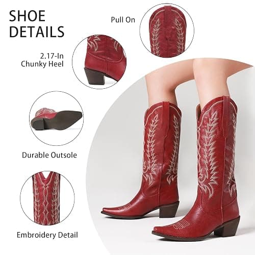 Tscoyuki Cowboy Boots for Women: Embroidered Western Knee High Boots Women - Pointed Toe Chunky Heel Cowgirl Tall Boots thumbnail 4