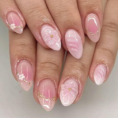 QQPPOLIU Pink Press on Nails Short Almond False Nails With Flower and 3d Coats Design for Girls Spring Nail 24pcs - Image 1