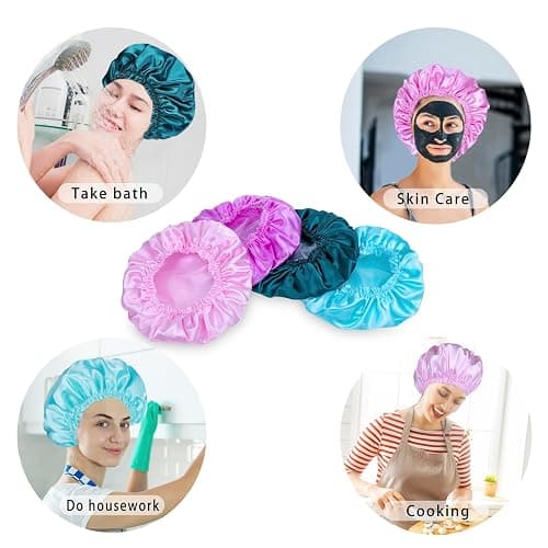 Shower Caps for Women, 4 PCS Elastic and Reusable Bath Caps, Double Waterproof Layers Shower Cap, Bathing Shower Caps, Environmental Protection Hair Bath Hat - Solid Color thumbnail 5