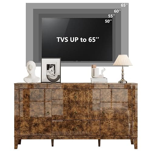 LUXOAK 60'' Burl Wood Buffet Sideboard, High Gloss Storage Cabinet with 3 Drawers & 2 Closed Cabinets, Mid-Century Modern Buffet Table for Dining Room Living Room, Dark Brown Burl thumbnail 6
