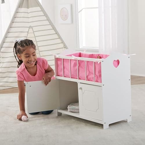 Badger Basket Wooden Baby Doll Crib with Storage, Bedding & Blanket - White | Fits up to 22" dolls; includes crib liner, blanket, pillow, storage cabinet, wood build & personalization kit. thumbnail 6