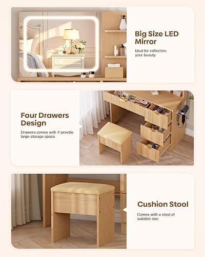 LIVELYGLOW 35.4" Wooden Makeup Vanity Set with Charging Station & Stool | Smart LED Mirror, Fluted Design, Cushioned Stool, Hairdryer Rack thumbnail 5