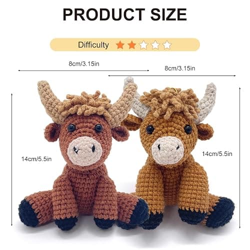 Highland Cow Crochet Kit for Beginners Intermediates - 2 Pcs Animals Craft Crochet Starter Kit with Step-by-Step Video Tutorial, Easy Knitting Set for Adults Kids, Women Learn to Crocheting Gift Idea thumbnail 5