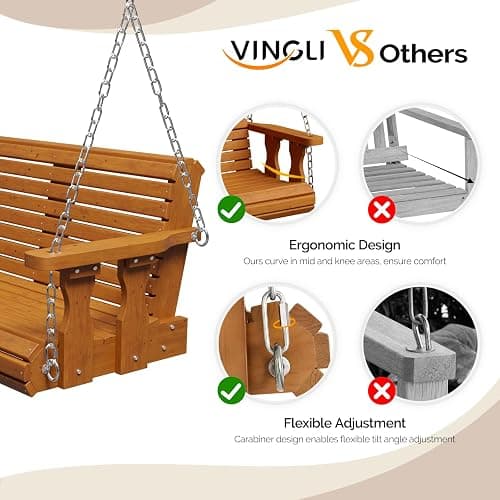 VINGLI 2026 Upgraded 5 FT Wooden Porch Swing, 880 LBS Heavy Duty, Brown | 2026 Upgraded Design; Heavy-Duty Wooden Swing; Supports 880 Lbs; Hanging Chains Included; Ideal For Garden, Patio & Yard thumbnail 4