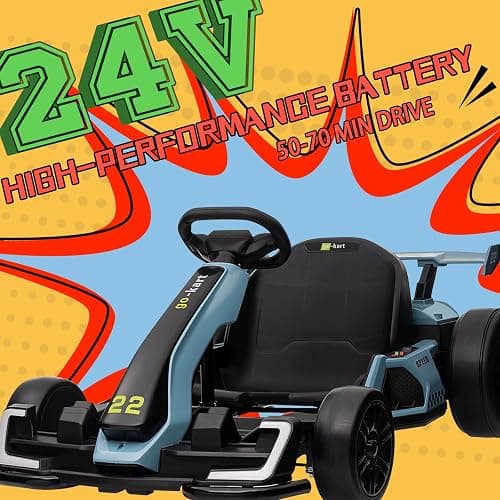 KerryYoo K61 Go Kart Electric Drift Kart with Length Adjustable Seat, 24V Outdoor Ride on Toy with 4 Speed Mode, Crazy Cart for Kids 6-12 Years Old, Fast 300W Motor, 8.5 MPH, Bluetooth - Blue thumbnail 2