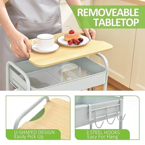 TOOLF 3 Tier Rolling Cart, Metal Utility Cart with Wheels & Wooden Top, Diaper Organizer Cart, Rolling Craft Storage Cart, Serving Trolley Cart for Kitchen, Office, Bathroom, Baby Nursery, Green - Green thumbnail 3