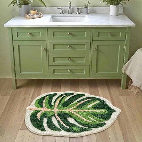 Sisher Cute Monstera Bath Mat,Green Leaf Bath Mat,Non Slip,Soft,Absorbent,Machine Washable for Bathroom Bathtub Rugs,Toilet,Kids Room,Bedroom,Monstera Leaf Rug(21"X26") thumbnail 4