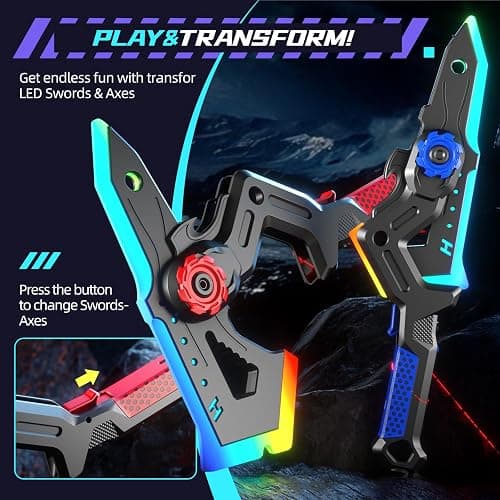 2 Pack Transforming Light Up Swords for Kids, Rechargeable LED Glowing Sword & Axe Toys with Mist Spray & Sound, Connectable Double-Bladed Weapons, Halloween Costume Cosplay Accessories for Boys 8-12 thumbnail 2