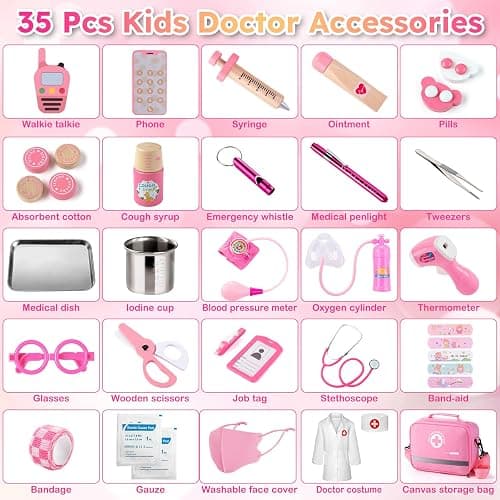 Sundaymot Doctor Kit for Girls, 34 Pcs Doctor kit for Toddlers 3-5 with Medical Storage Bag & Real Stethoscope Pretend Play Doctor Set, Doctor Play Gift for Kids Toddlers Role Play thumbnail 7