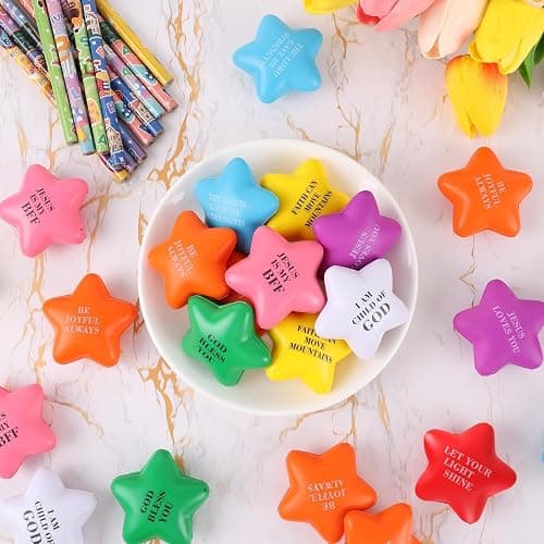 64 Pcs Christian Star Stress Balls Bulk for Kids Jesus Bible Quotes Motivational Balls Mini Foam Stress Relief Star Ball Toy Colorful Squeeze Fidget Office Stress Anxiety Relief Toy Party Favors thumbnail 7