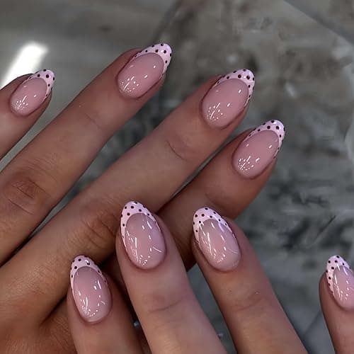 Stbisen Medium Short Almond Press On Nails, Milky Nude Fake Nails with Pink French Tips and Brown Polka Dot Design, Glossy Reusable Glue On Nails for Women Daily Wear Date Night, 24PCS - Image 1