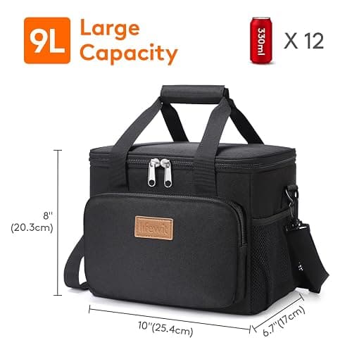 Lifewit Medium Lunch Bag, Insulated Lunch Box, Soft Cooler Cooling Tote for Adult Men Women, Black 12-Can (9L) thumbnail 3