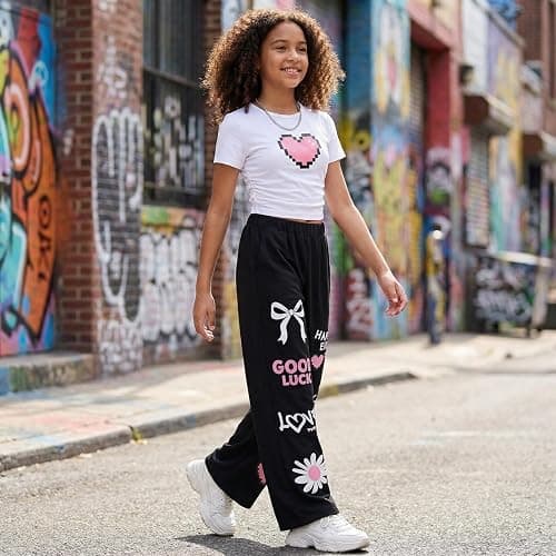 Zuodeying Girls 2 Piece Outfits Cute Short Sleeve Tops with Heart Print & Trendy Pants Set Summer Clothes, Size 7-14 Years thumbnail 4