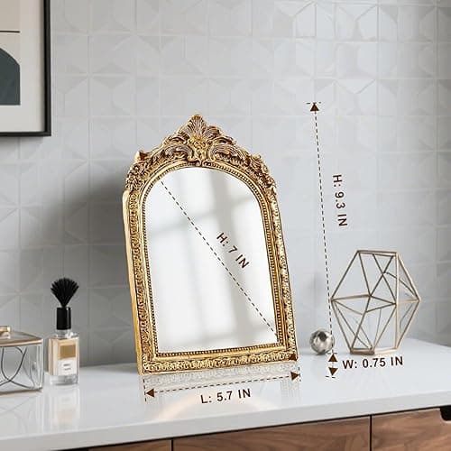 YUSONG Vintage Makeup Desk Mirror, Antique Gold Arched Tabletop Mirror with Resin Frame - Decorative Wall Art for Living Room, Bedroom Decor, Retro Table 9.3" x 5.7" thumbnail 3
