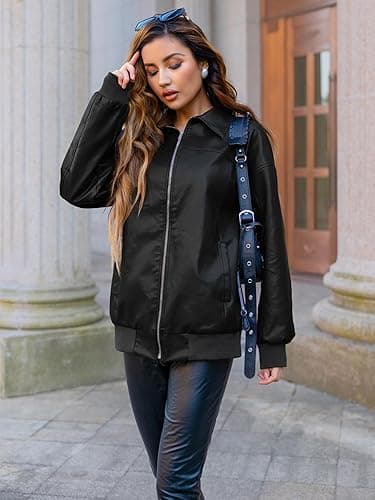 Women's Faux Oversized Leather Jacket Zip Up Motorcycle Bomber Fall Jacket thumbnail 6