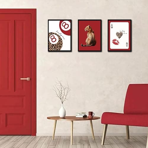 Framed Trendy Leopard Wall Art Set of 3, Red Funky Preppy Cheetah Wall Decor Paintings, Lucky 8 Aesthetic Room Decor Prints Pictures for Girls Bedroom Apartment Dorm 12x16 Inch Black Frame thumbnail 5