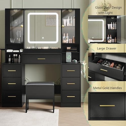BORNOON Makeup Vanity with LED Light Strip Mirror and Chair, 7 Drawers & 2 RGB Cabinets Black Vanity Makeup Desk with Power Strip, Adjustable LED Lighting, and Cushioned Stool for Women, Girls, Teens thumbnail 5