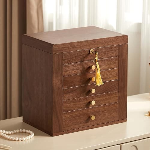 Homruilink Black Walnut Wooden Jewelry Box for Women, 6 Layer | Locking Large Wood Jewelry Organizer with 2 Side Doors & Mirror, For Watch Necklace Ring Earring, Velvet-Lined, Gift - Image 1