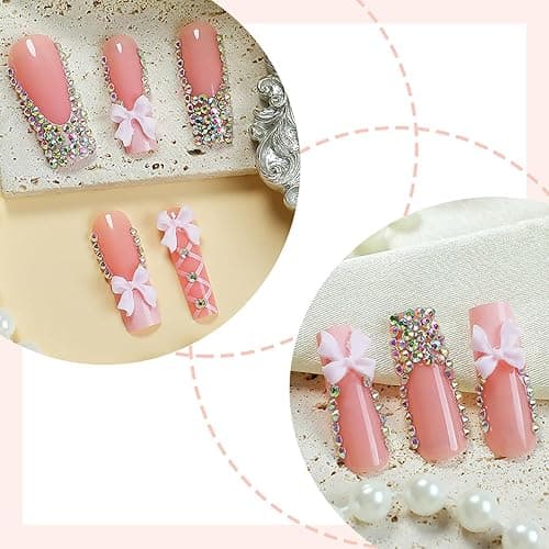 FIEONCIY Press on Nails Long Coffin Shaped Acrylic Glossy Full Cover Long Square French False Nails with Designs Artificial Extra Long Fake Nails with Charms Glue ons Fingernails for Women(XG10187) thumbnail 2