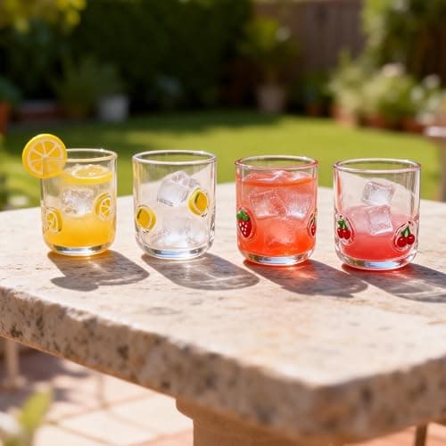 Trxvxo 4 Pcs Fruit Icon Juice Glasses, Anthropologie Cups 14 Oz | Cute Pattern Icon Glass Cups for Drinking, Coffee, Home, Birthday Party, Holiday Gift thumbnail 2