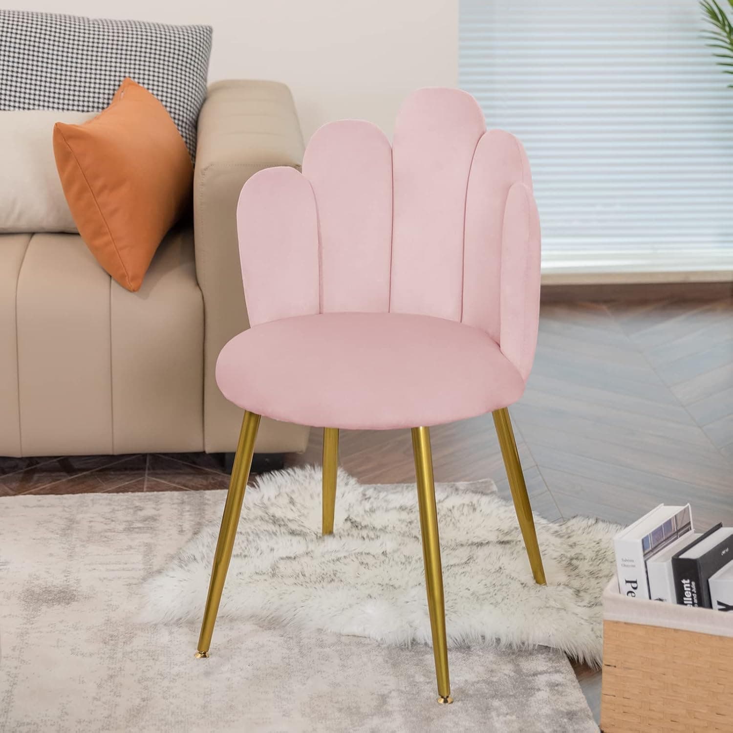Okeysen Vanity Chair for Bedroom, Makeup Chair No Wheels - Midcentury Modern Velvet Chair with Back Support, Gold Legs with Anti-Slip Feet for Living Room (Pink) thumbnail 7