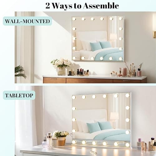 LUXFURNI Vanity Mirror with Lights, 23.6" x 20.5" Hollywood Mirror, Light Up Makeup Mirror with 18 LED Bulbs for Bedroom Desk, 3 Color Lighting Modes, Tabletop & Wall Mount, USB Charging Port thumbnail 7