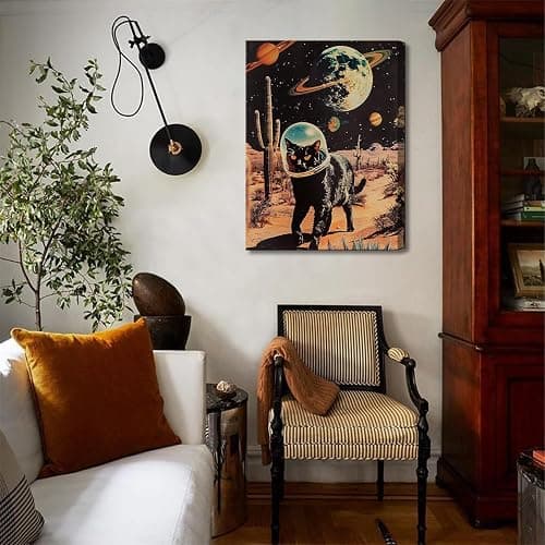 Ijeroain Black Space Cats Wall Art Funny Cat Wall Decor Pictures Cat astronaut painting artwork Cosmic planet Whimsical Print for Boys and Girls Room Bedroom home decoration 16x24in Canvas thumbnail 6