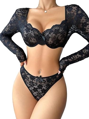 Lilosy Sexy Long Sleeve Floral Lace Underwire Lingerie Set thumbnail 3