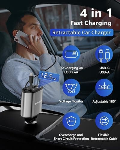 BERTHALESS Retractable Car Charger, 4 in 1 Fast Charging Car Charger with USB-C & USB-A, Compatible with iPhone 17/16/15/14/13/12/11,Galaxy,Pixel,Car Accessories Gifts for Fathers Day,Husband,Men,Dad thumbnail 3