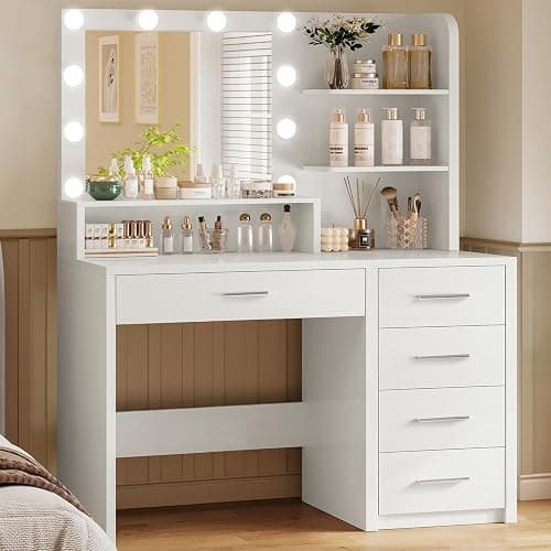 FIONESO Vanity Desk with Mirror and Lights, Makeup Vanity with 5 Drawers and 3 Storage Shelves, 3 Color Modes & Adjustable Brightness Dressing Table, Vanity for Girls, White thumbnail 3