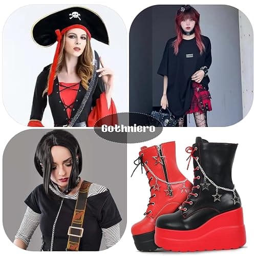 Gothniero Platform Goth Ankle Boots for Womem Black Holographic Combat Chunky Heel Boots with Side Zip Lace Up Wedge Booties US5.5-11 thumbnail 6