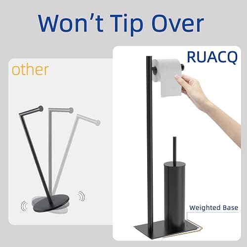 RUACQ Toilet Paper Holder Stand with Toilet Brush and Holder Set, 304 Stainless Steel Bathroom Toilet Tissue Paper Roll Holder Free Standing, Weighted Base, Heavy Duty (Matte Black) thumbnail 7