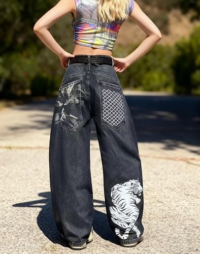 Unisex Y2K Hip Hop Baggy Wide Leg Jeans Skeleton Tiger Dragon Print Vintage | Vintage Y2K baggy jeans with skeleton, tiger or dragon prints, featuring a relaxed wide leg fit for everyday hip hop style. thumbnail 2