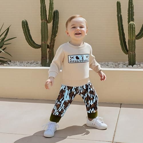 Vicaankue Toddler Baby Boy Hunting Outfit Duck Deer Embroidery Long Sleeve Sweatshirt Camo Pants Set 2Pcs Fall Winter Clothes thumbnail 2