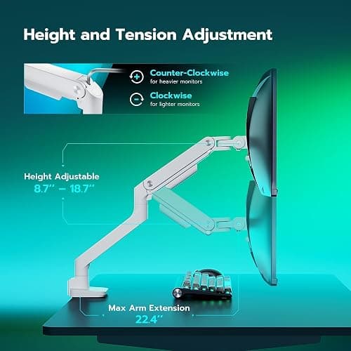 ARES WING Ultrawide Monitor Arm for 17 to 49 Inch and 44 Lbs Screen, White | Pro Gas Spring, Full Range of Motion, for 75/100 Vesa Mount, for Samsung, LG Curved/Flat Monitor, with C Clamp, Grommet Base thumbnail 7
