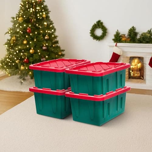 HOMZ 4-Pack Durabilt Tote, Heavy Duty Plastic Storage Bins with Lids, 15 Gallon, Green/Red - Stackable Organizing Containers for Home, Garage, and Office thumbnail 2