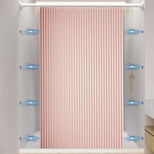 Momooda Rideau de Douche Pliable Aimantée avec Crochets, Imperméable Anti Moisissure, Lin pour Salle de Bain, Rose, 80x200cm - Image 1