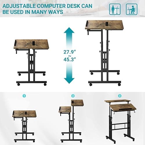 Klvied Rolling Mobile Desk with Cup Holder, Portable, Adjustable Height Small Stand up Desk on Wheels for Home Office Laptop Cart, Computer, Standing or Sitting,Oak thumbnail 8