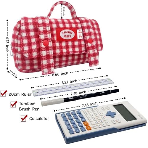 Haumei Cute Checkered Pencil Case, Red White Plaid, Large Capacity Gingham Pattern Pen Bag with Handle, Big Stationery Organizer, Multi-Use Storage Pouch, 8.7x1.6x4.7 Inches, Red thumbnail 6