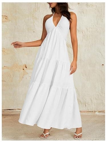 OYOANGLE Women's Summer Beach Halter Sundress Formal Wedding Guest Dress | Backless Flowy Dress, Vacation, Summer, Boho Maxi Dresses thumbnail 4