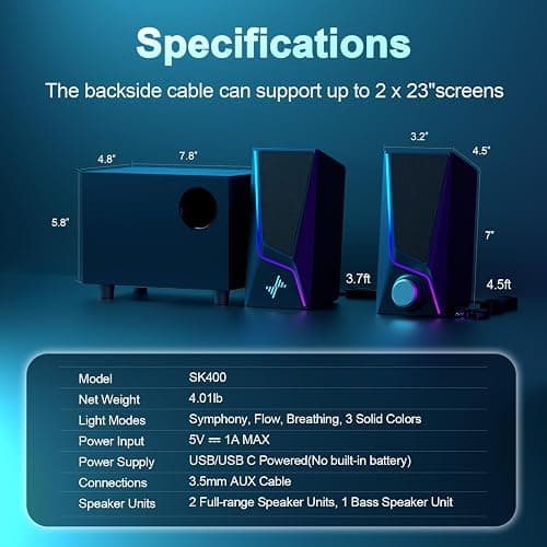 Nylavee Computer Speakers with Subwoofer, 2.1 Hi-Fi PC Speakers System with 6 Lighting Modes, Enhanced Bass, Plug and Play, USB/USB-C Powered and 3.5mm Aux in for Desktop, Monitor, Laptop, Tablet thumbnail 6